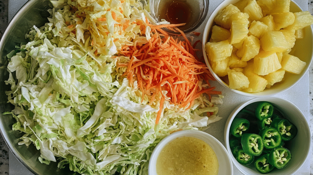Ingredients for pineapple coleslaw recipe including fresh produce and condiments