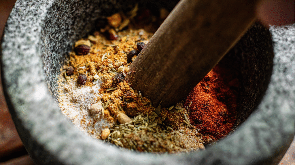 Mixing spices in a small bowl with wooden spoon