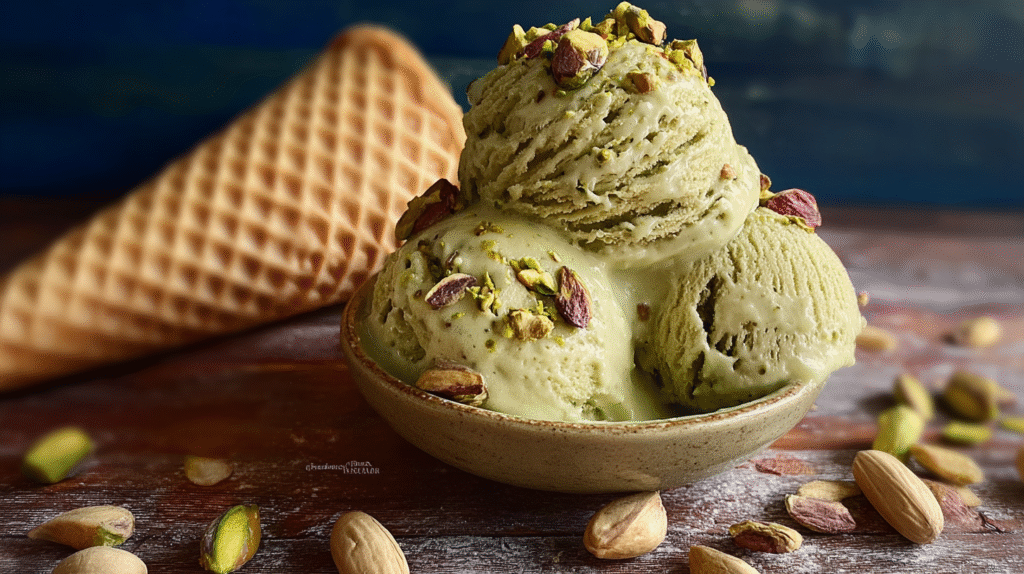 pistachio ice cream recipe scoop in rustic bowl