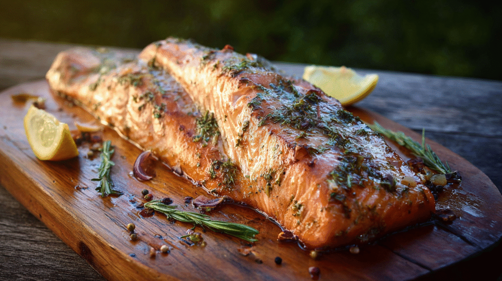 cedar plank salmon recipe on rustic wood background