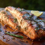 cedar plank salmon recipe on rustic wood background