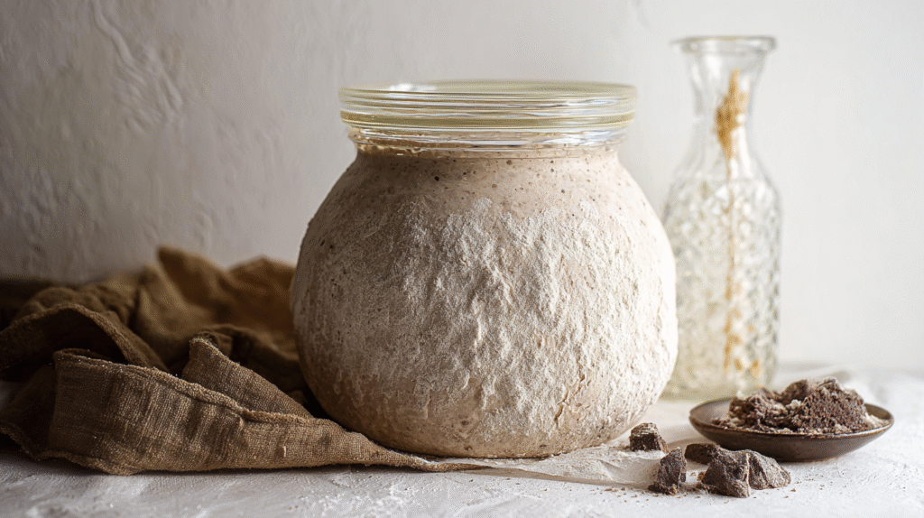 No discard sourdough starter recipe in rustic jar on wooden table