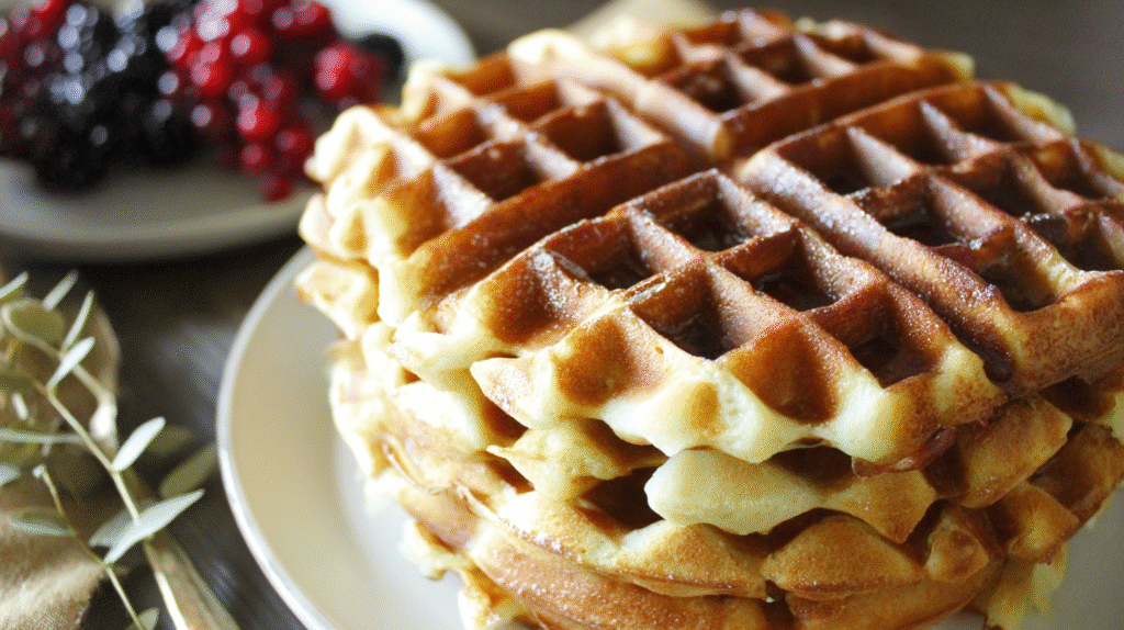 Fluffy einkorn waffles on rustic wood with steam