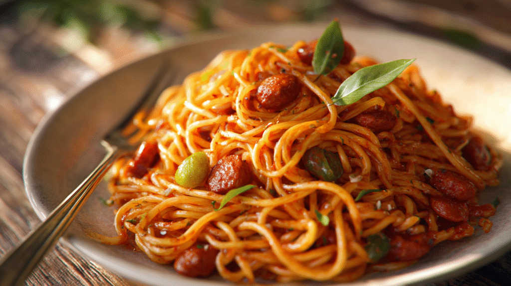 Haitian spaghetti recipe with hot dogs and epis