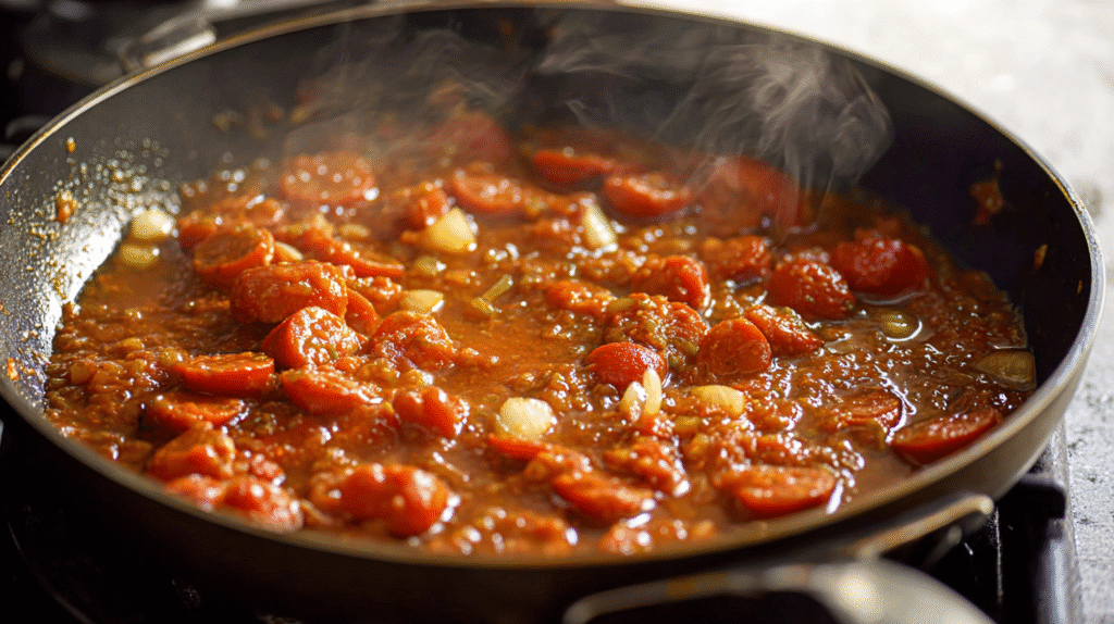 Tomato paste and Haitian epis sautéing in olive oil