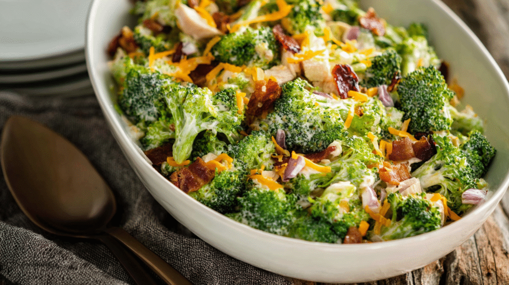 Chicken Salad Chick broccoli salad recipe in rustic bowl with bacon and cheese