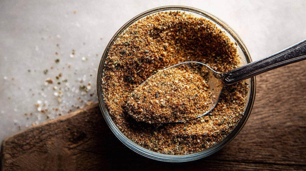 Montreal seasoning recipe in rustic kitchen setting
