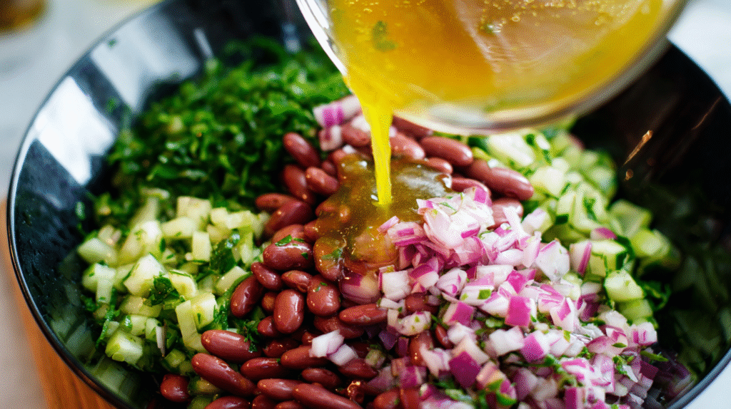 tossing vinaigrette kidney bean salad with herbs
