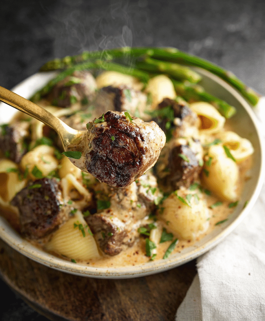 Garlic butter steak bites served with creamy parmesan shells, garnished with fresh parsley and asparagus.
