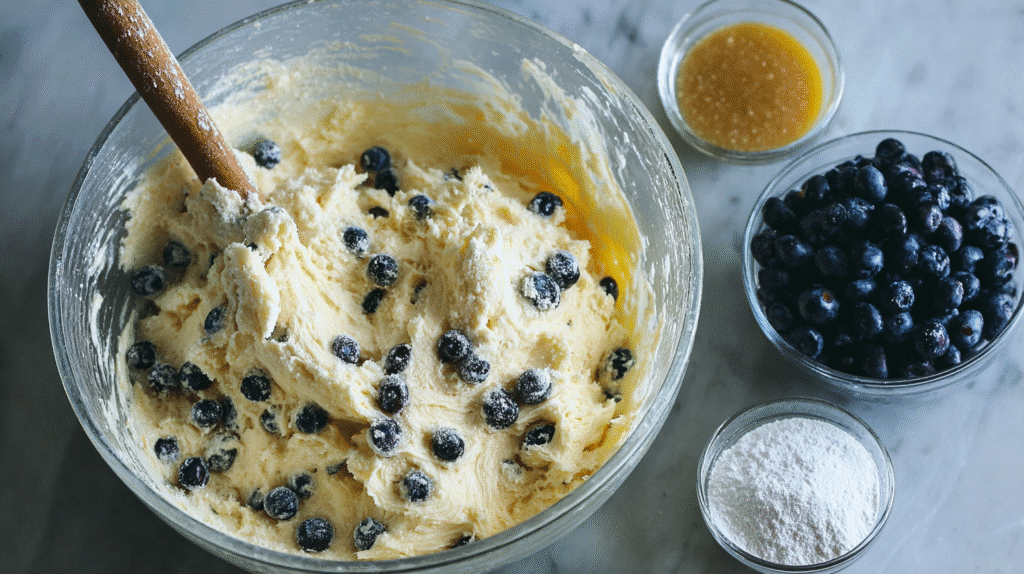 Folding fresh blueberries into coffee cake batter