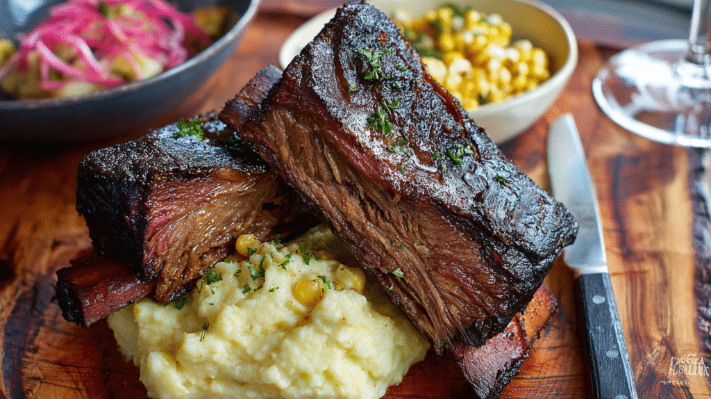Served smoked short ribs with sides
