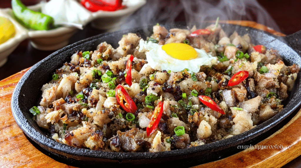 Chicken sisig served hot on cast iron
