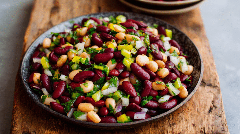 kidney bean salad recipe served on rustic table