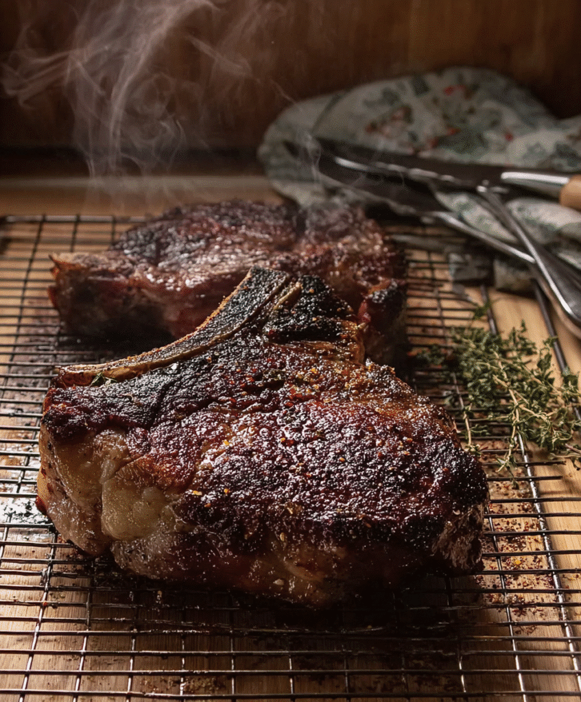 Dry aged ribeye recipe on rustic plate