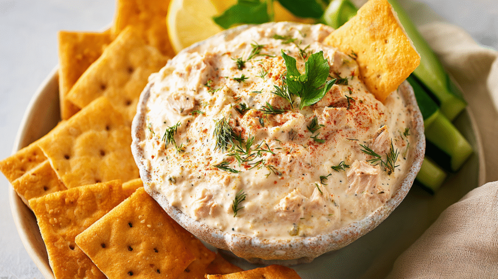 Delicious smoked tuna dip recipe served with crackers and vegetable sticks