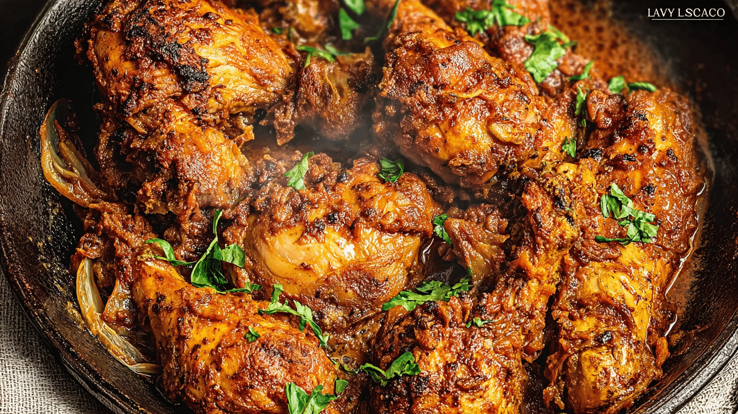 Chicken moambe recipe served in rustic bowl with steam rising