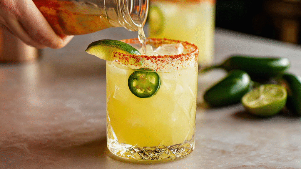 Spicy Skinny Margarita served in a glass with lime and jalapeño garnish on a wooden bar counter.