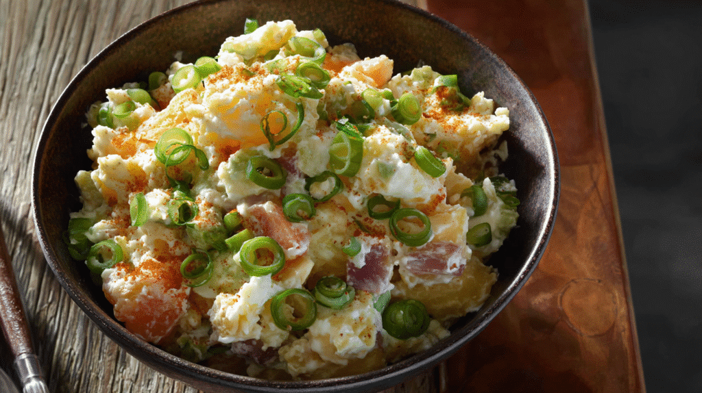 Japan potato salad recipe served on rustic wood table