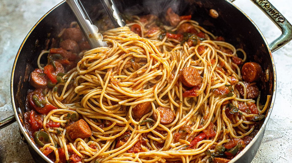 Tossing Haitian spaghetti with sauce and sausage