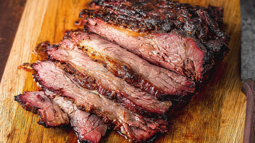 "Smoked beef chuck roast recipes with a beautiful crust and steam rising, set on a rustic wooden background, showcasing a tender and juicy result."