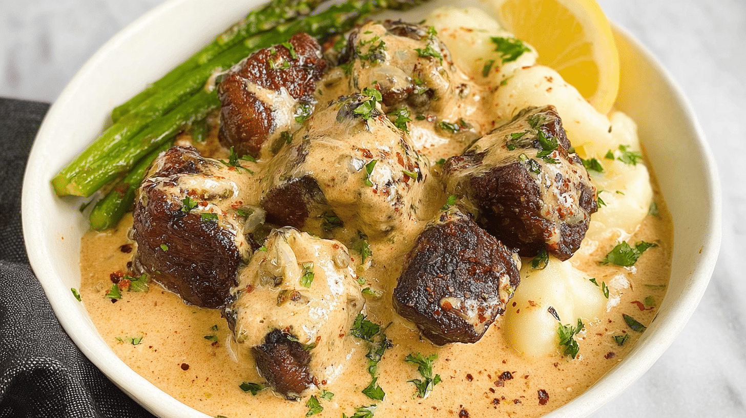 Garlic Butter Steak Bites and Creamy Parmesan Shells served with creamy parmesan shells, garnished with fresh parsley and asparagus.