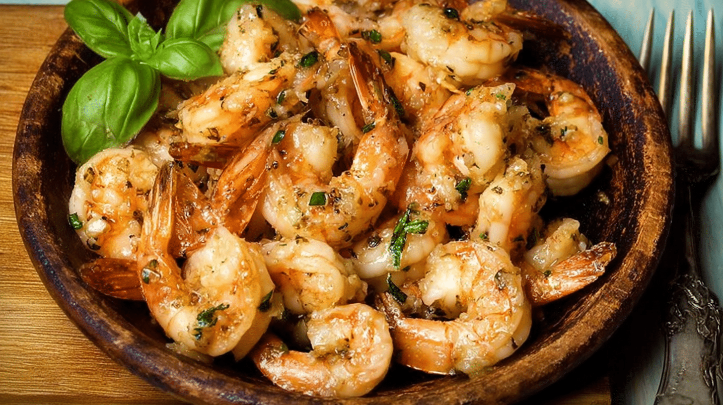 Sous vide shrimp recipe served on rustic plate