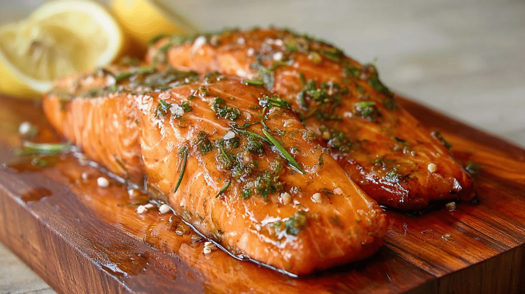 cedar plank salmon recipe on rustic wood background