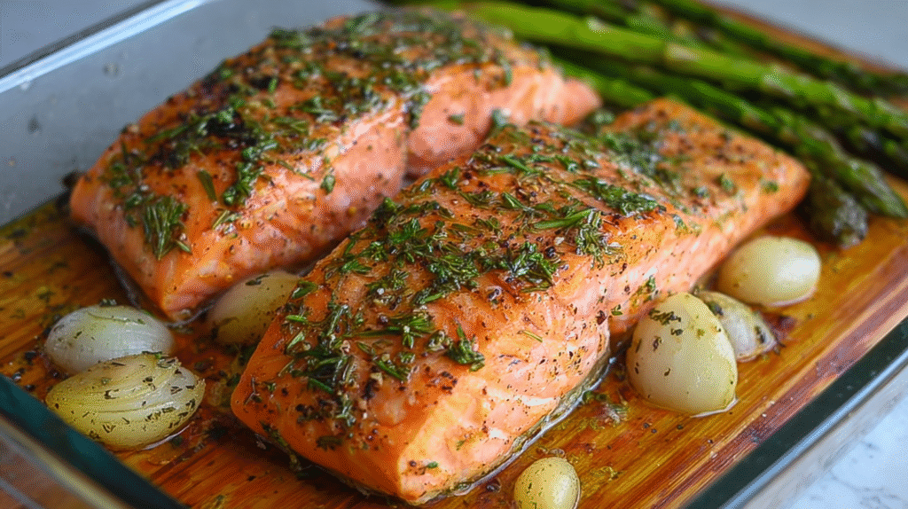 plated cedar plank salmon with grilled asparagus