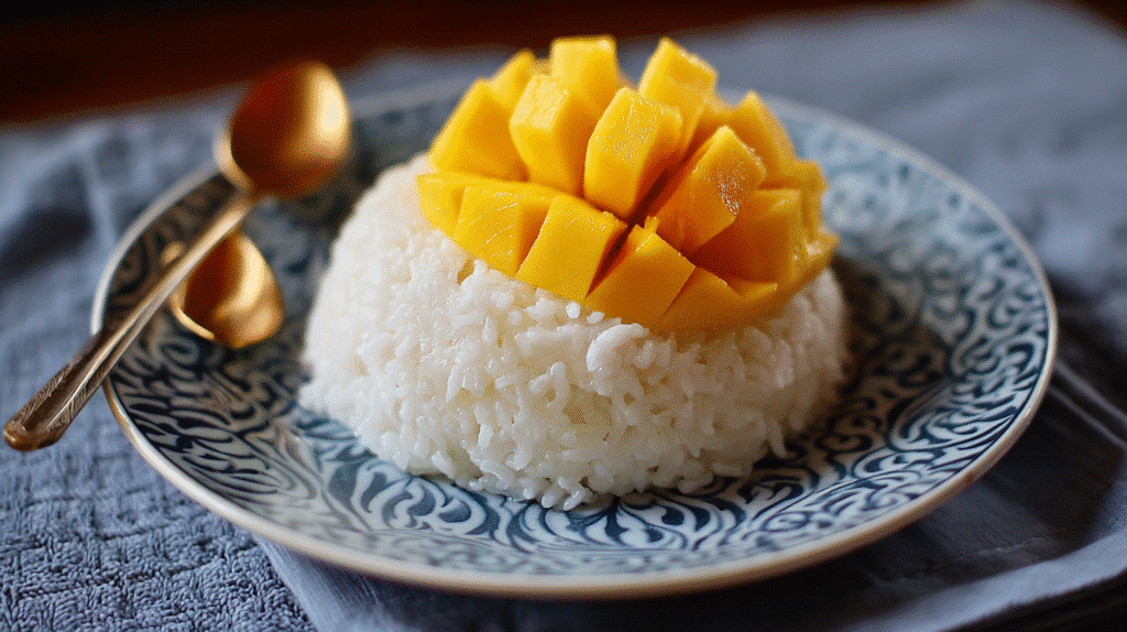 Simple mango sticky rice recipe on rustic plate with coconut sauce