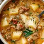 Cozy bowl of Italian sausage and potato soup garnished with herbs