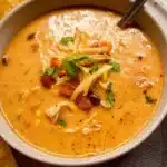 Bowl of creamy chicken tortilla soup garnished with tortilla strips and cilantro