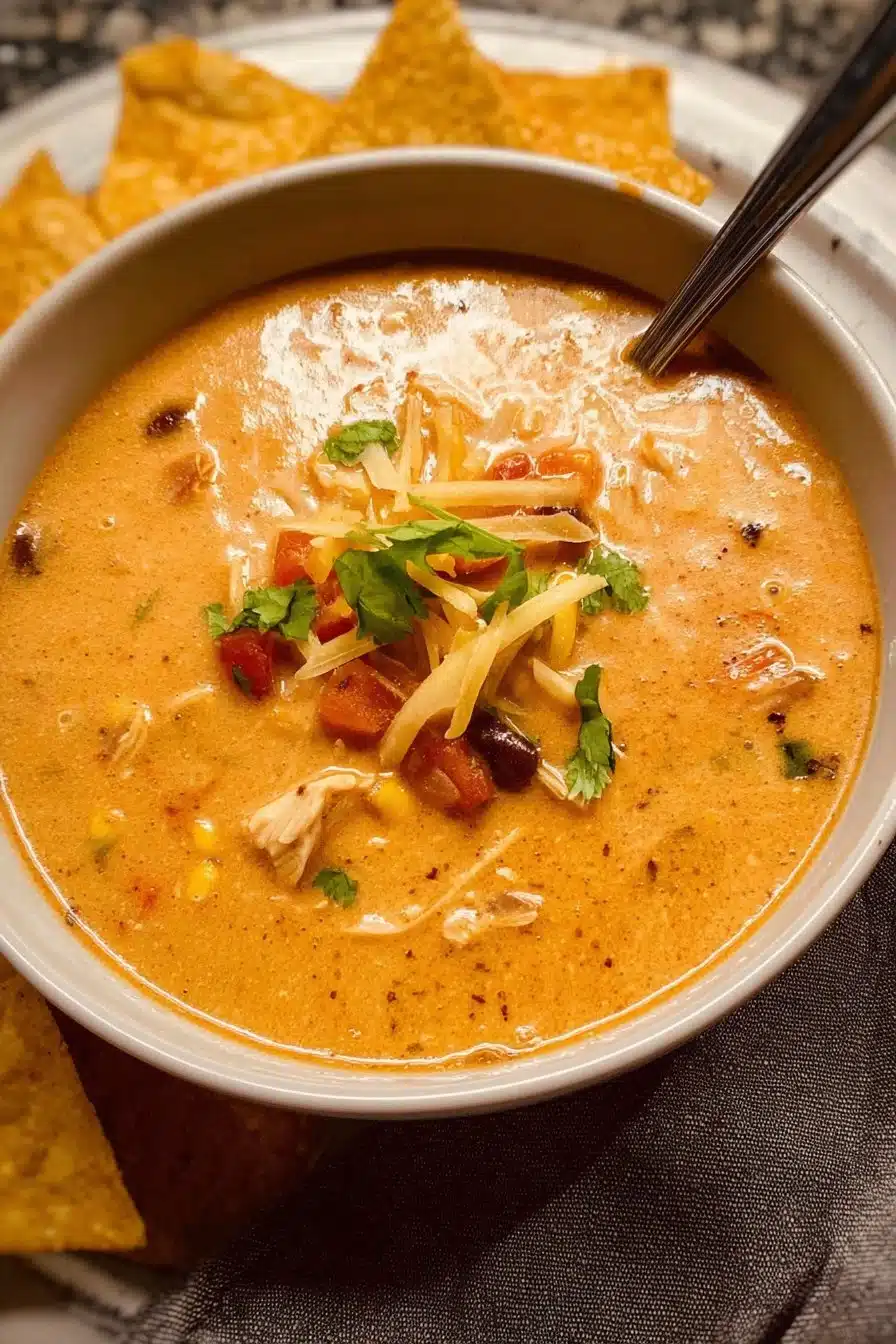 Bowl of creamy chicken tortilla soup garnished with tortilla strips and cilantro