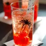Creepy Shirley Temple drink decorated for Halloween
