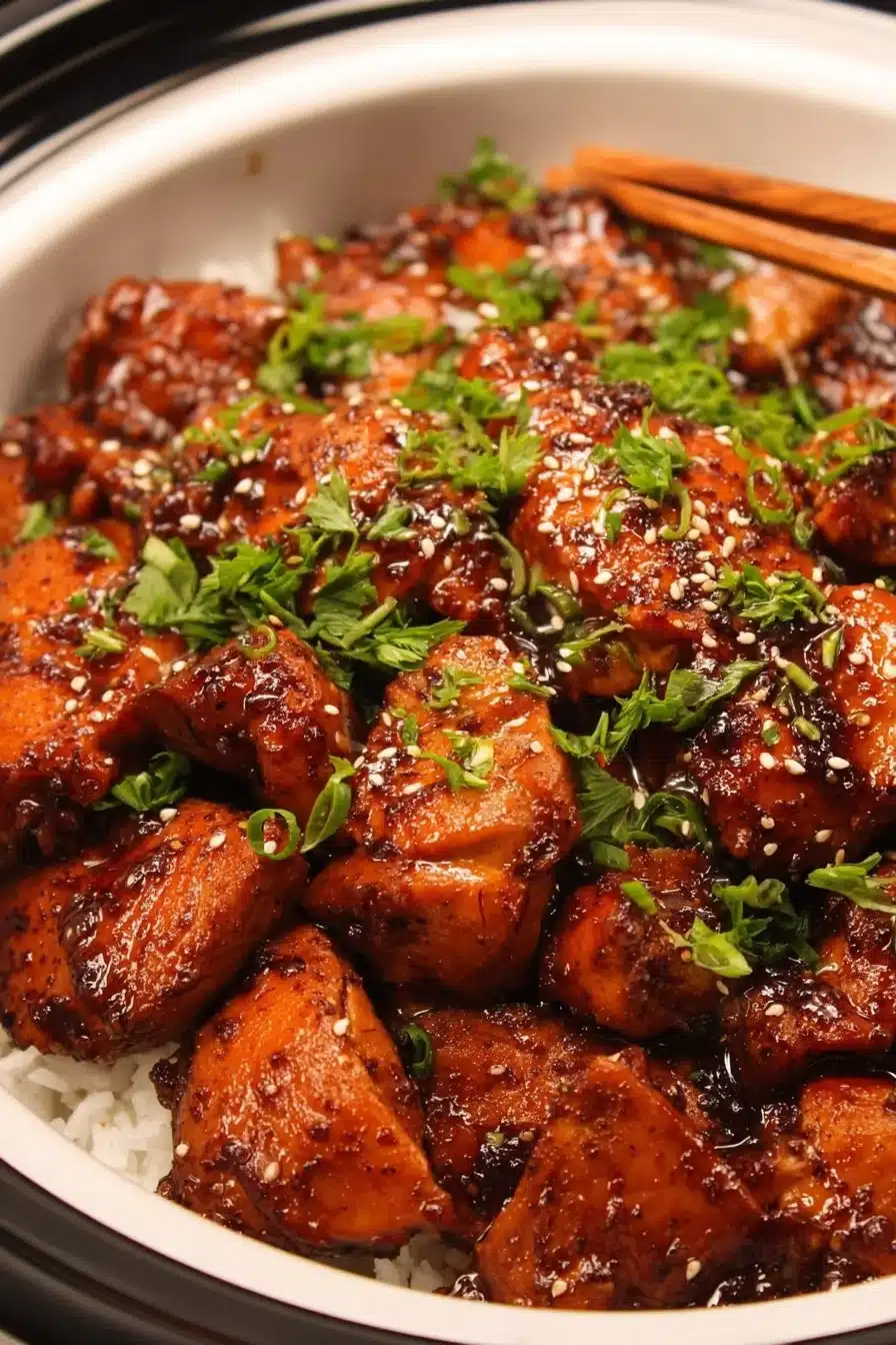 Delicious Crockpot Honey Garlic Chicken in a rustic bowl with herbs