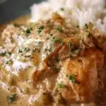 Easy Crockpot Chicken served with creamy gravy