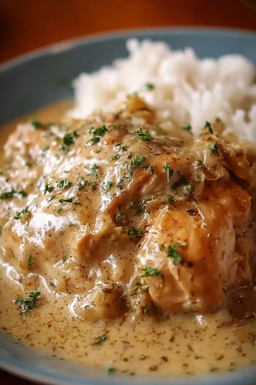 Easy Crockpot Chicken served with creamy gravy