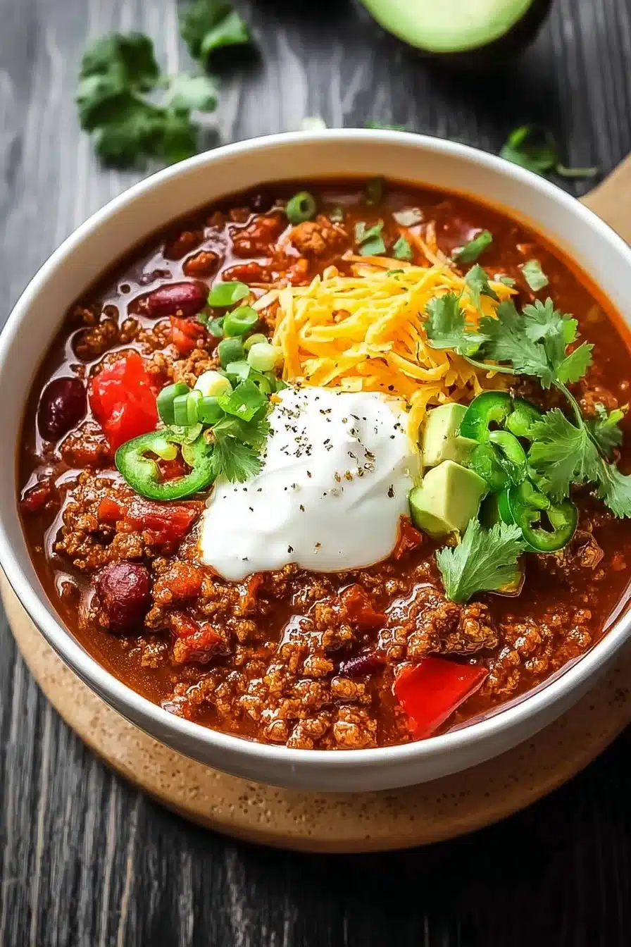 Bowl of Easy Keto Crock Pot Chili garnished with herbs