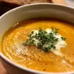 Gordon Ramsay's creamy butternut squash soup garnished with herbs in a bowl