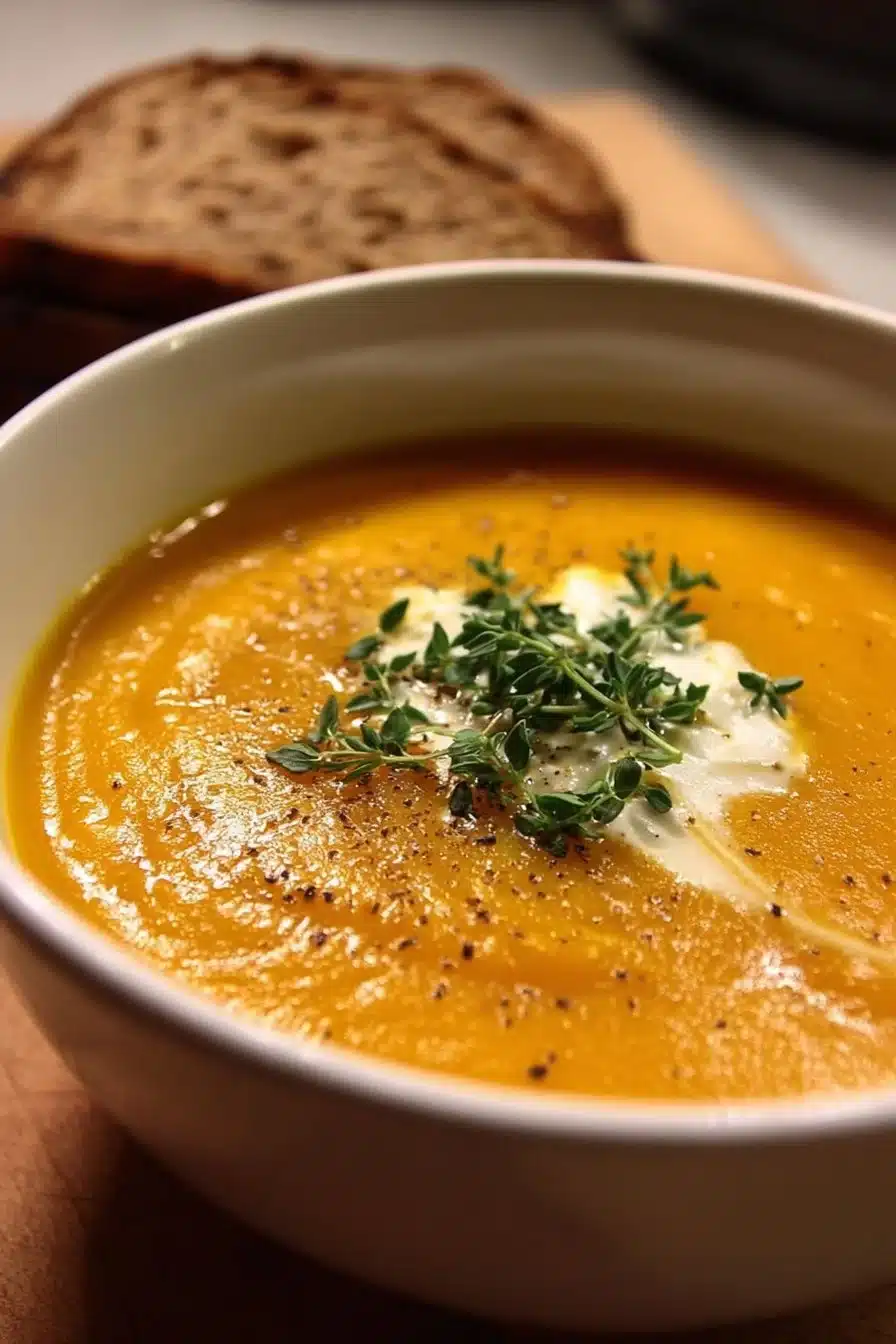 Gordon Ramsay's creamy butternut squash soup garnished with herbs in a bowl