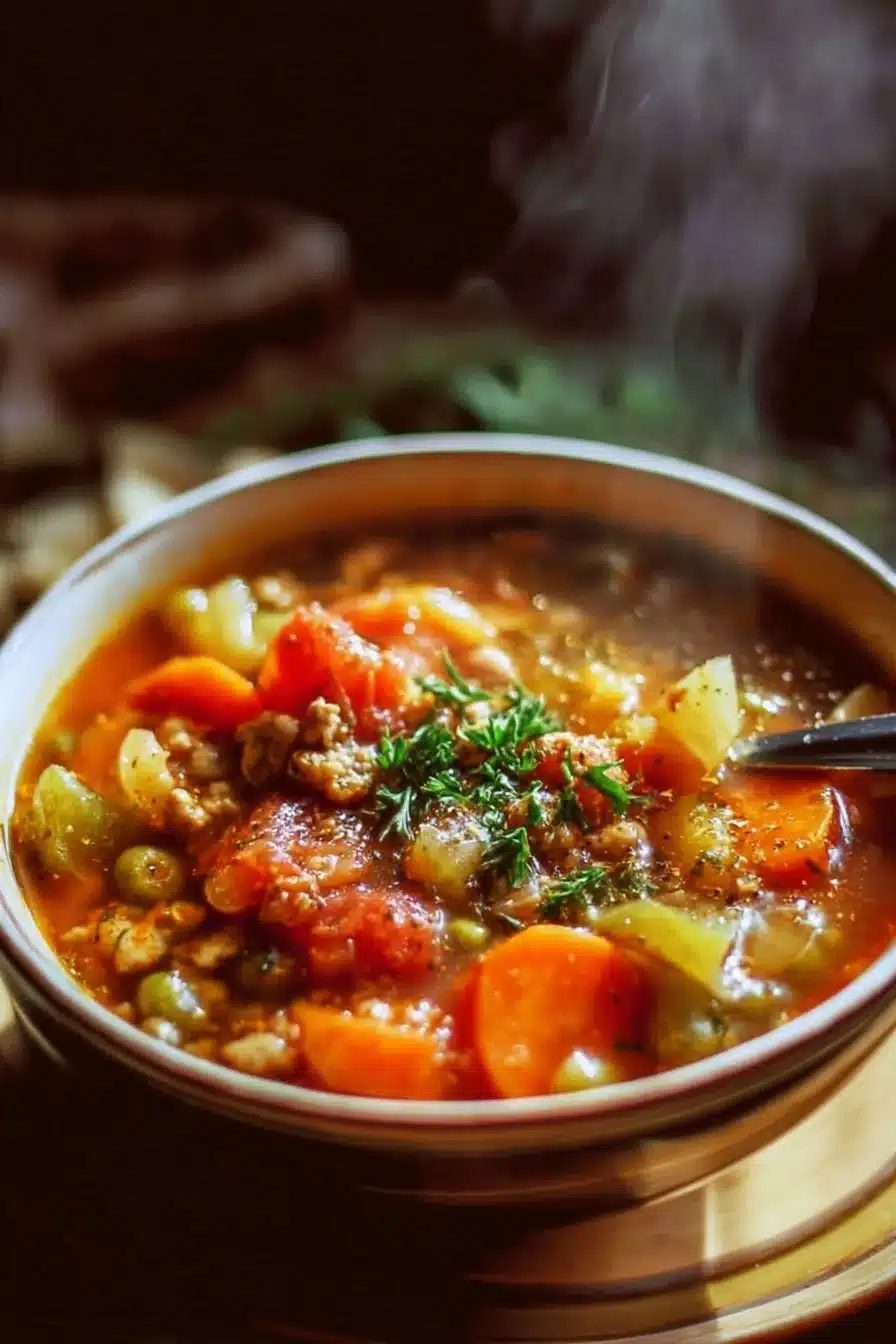 Bowl of ground turkey vegetable soup with colorful vegetables and herbs