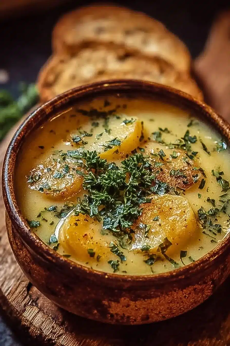 Bowl of hearty cheddar garlic herb potato soup topped with fresh herbs
