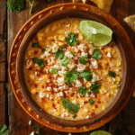 Mexican Street Corn Soup in a rustic bowl with feta, cilantro, and lime, cozy Mexican-inspired soup