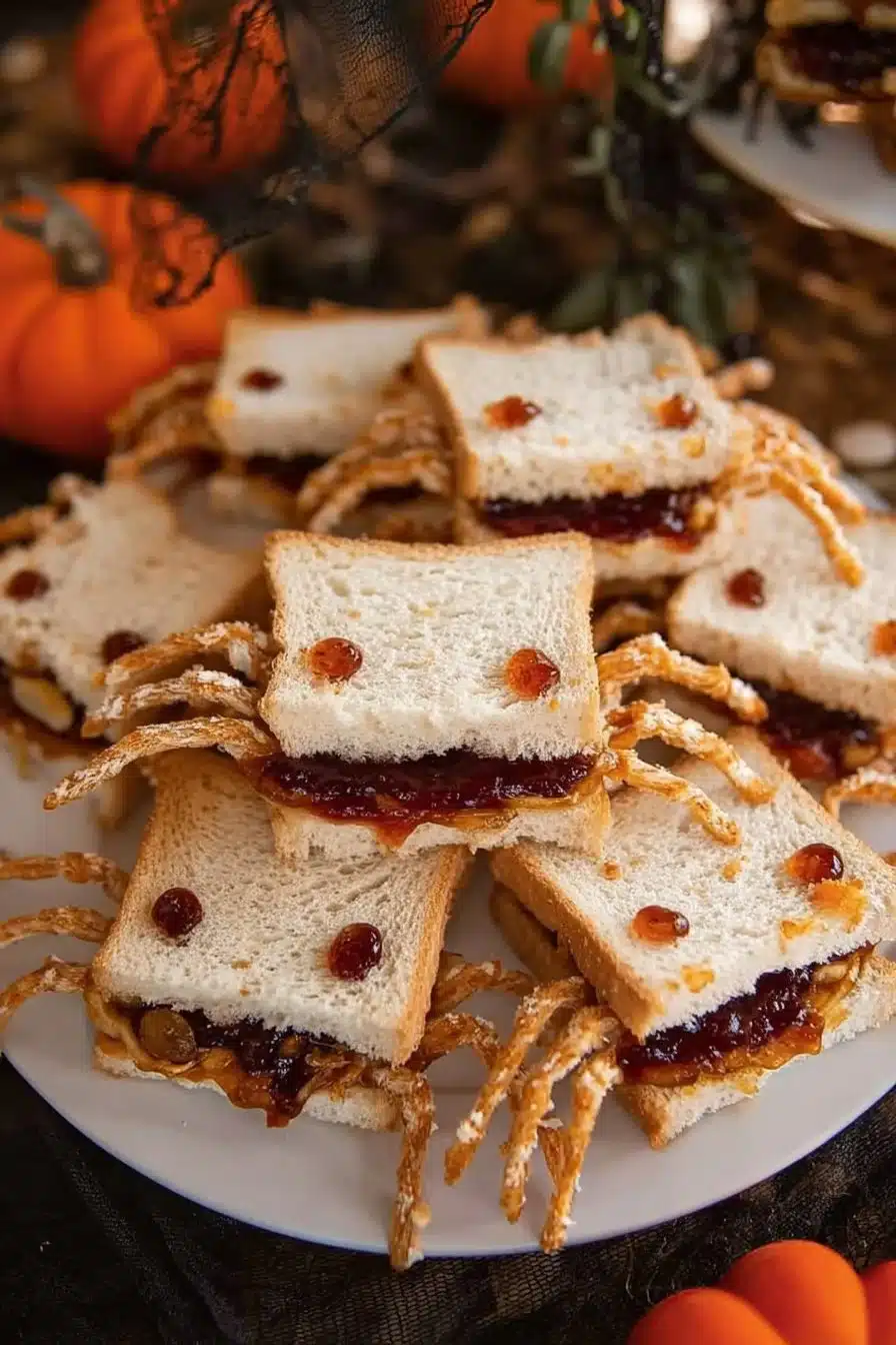 Peanut butter and jelly spider sandwiches with edible eyes on a plate