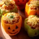Halloween-style shredded chicken and rice stuffed peppers on a plate