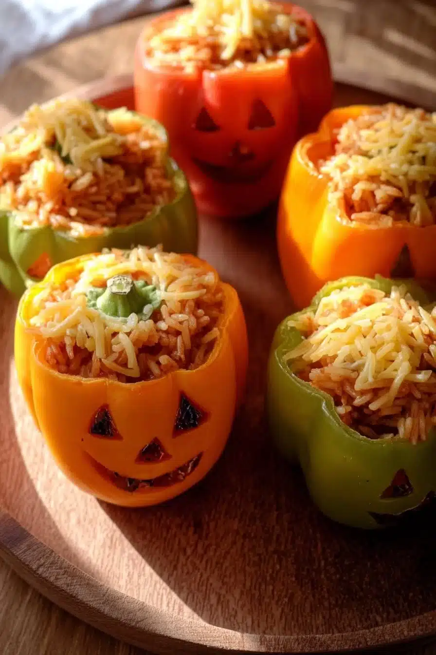 Shredded Chicken & Rice Stuffed Peppers (Halloween Style)