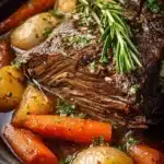 Delicious slow cooker pot roast served with vegetables and gravy.