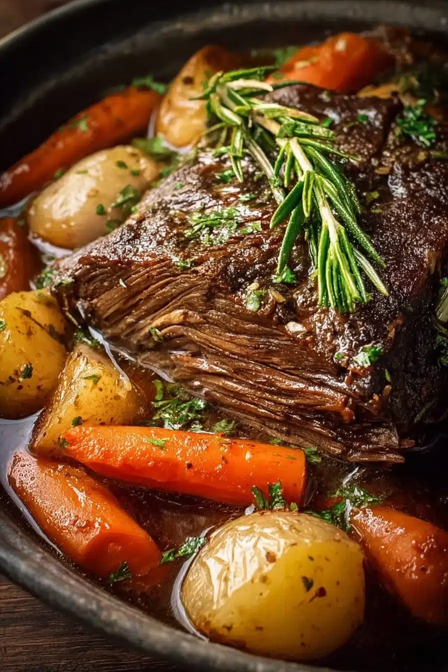Delicious slow cooker pot roast served with vegetables and gravy.