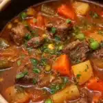 Bowl of slow cooker vegetable beef soup with fresh vegetables and beef chunks.