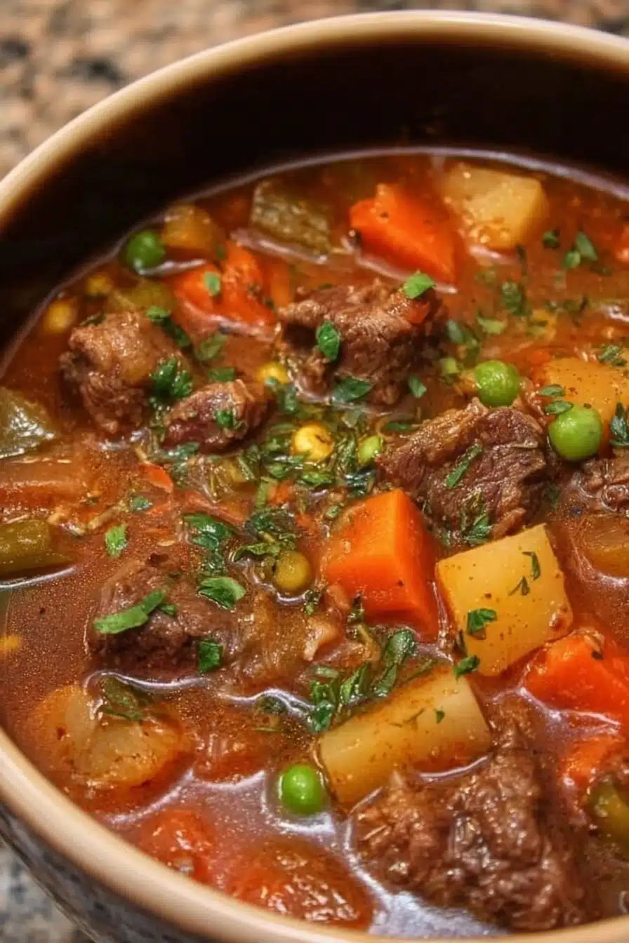 Bowl of slow cooker vegetable beef soup with fresh vegetables and beef chunks.
