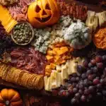 Beautiful Halloween charcuterie board with spooky-themed snacks and decorations.